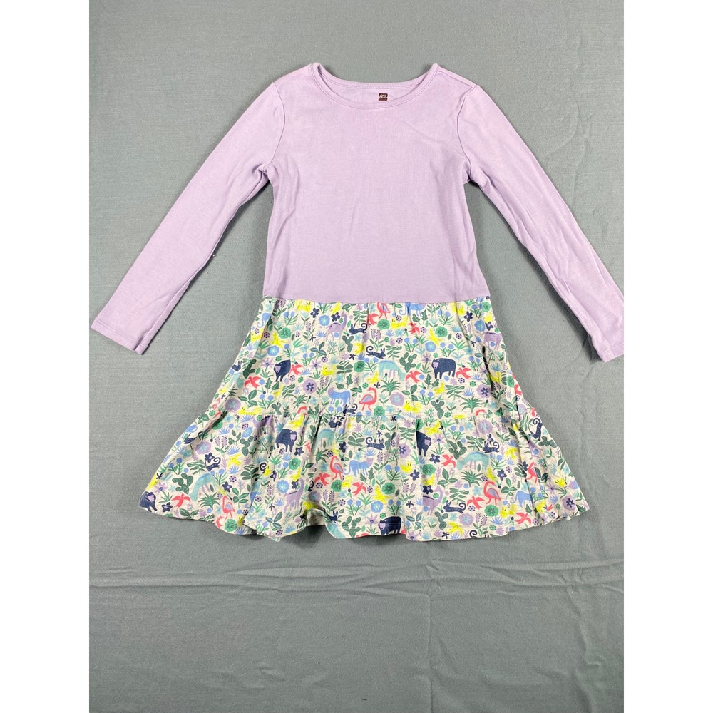 Tea Collection Dress 10 Purple Cotton Long Sleeve Animal Tiered Skirt